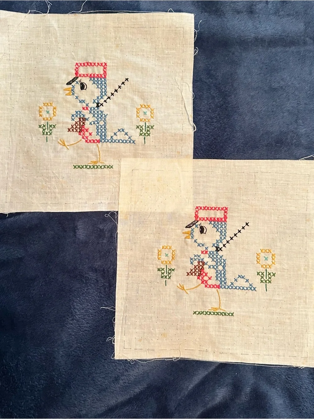 Vintage Whacky Birds Hand-Embroidered Cotton 9x9 Baby Quilt Blocks - 12 Complete